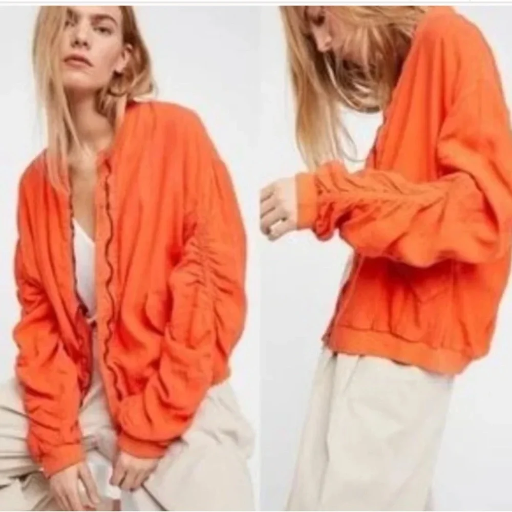 Free people linen blend‎ ruched orange bomber. Worn once - Picture 3 of 8